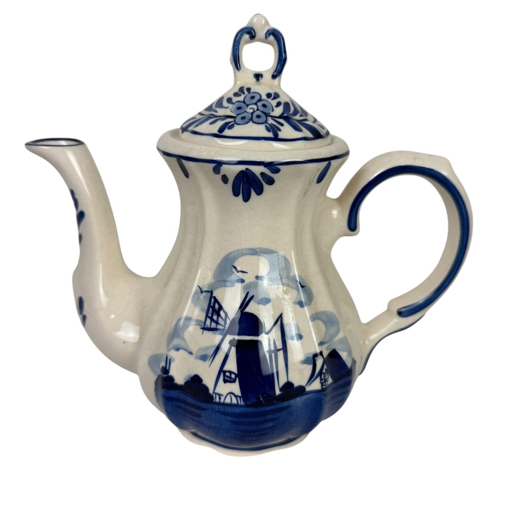Delft Blue Handpainted Ceramic Teapot Windmill Floral Blue White Dutch Pottery‎